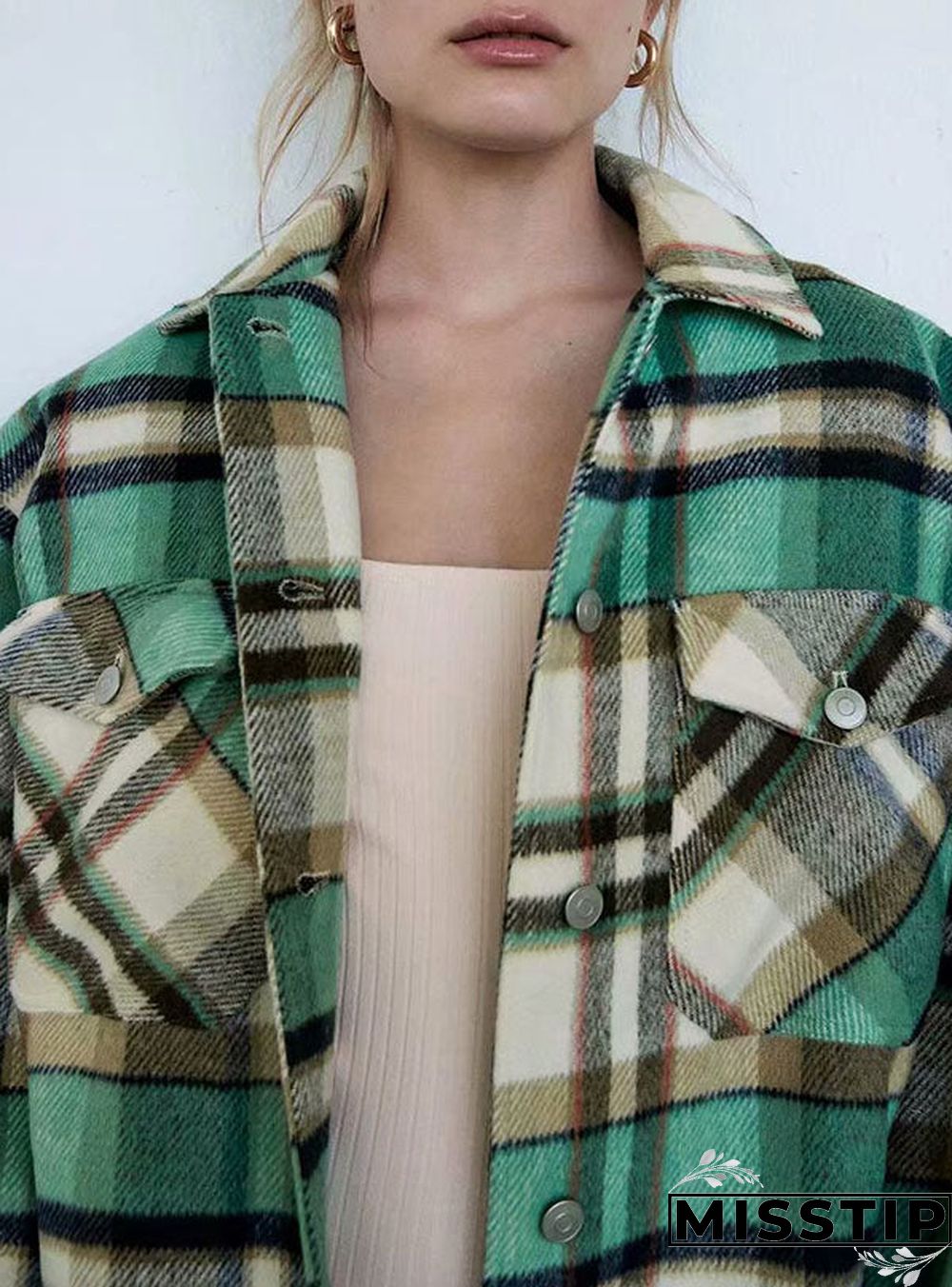Classic Thick Colorblock Checked Button Down Shirt Jacket Woolen