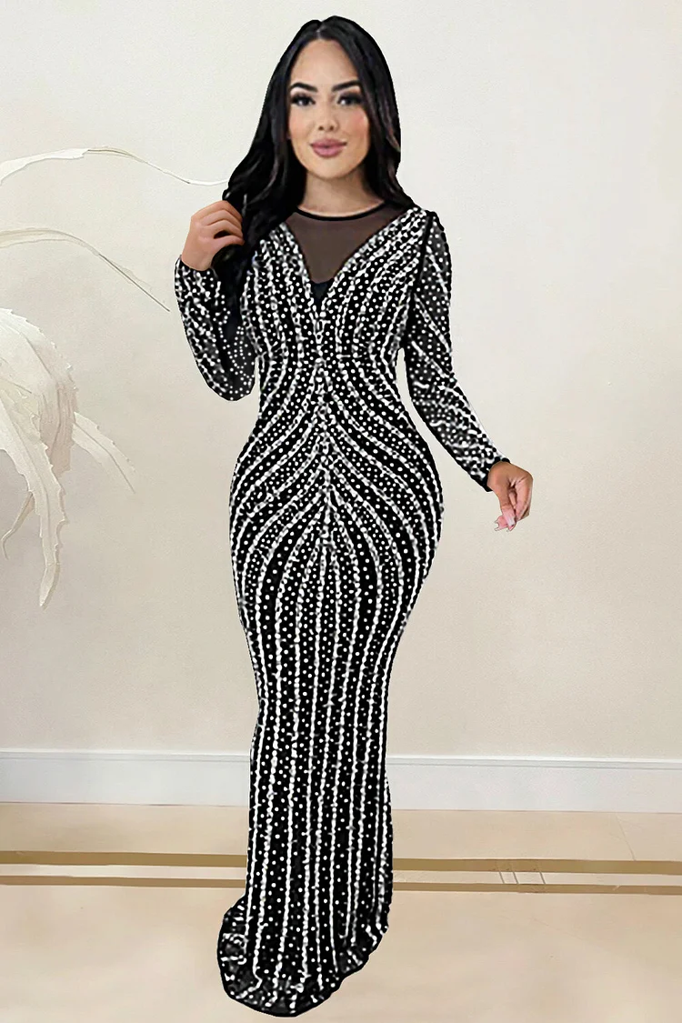 Hot Drilling Mesh Round Neck Long Sleeve Bodycon Party Maxi Dresses-Black