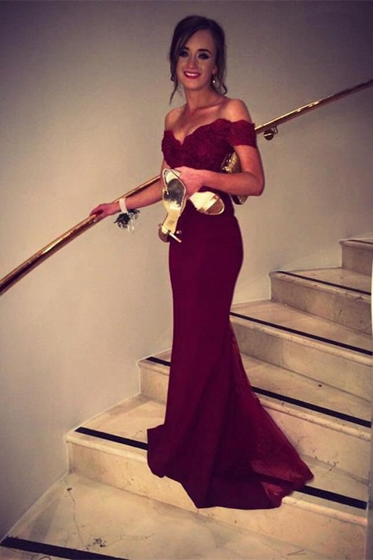 Gorgeous Burgundy Off-the-Shoulder Mermaid Prom Dress With Appliques - lulusllly