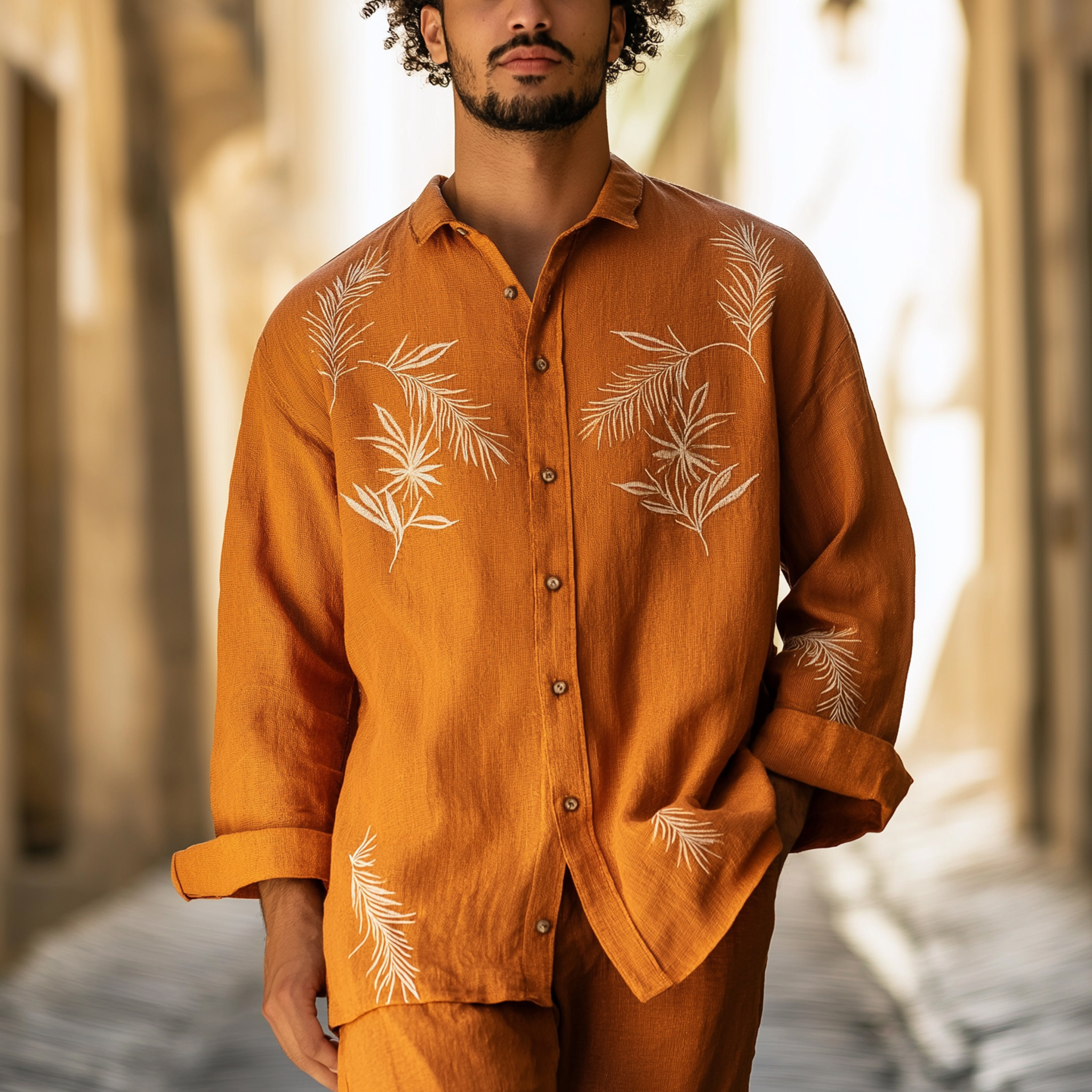 Rustic Orange Embroidered Shirt With Tropical Leaves Design