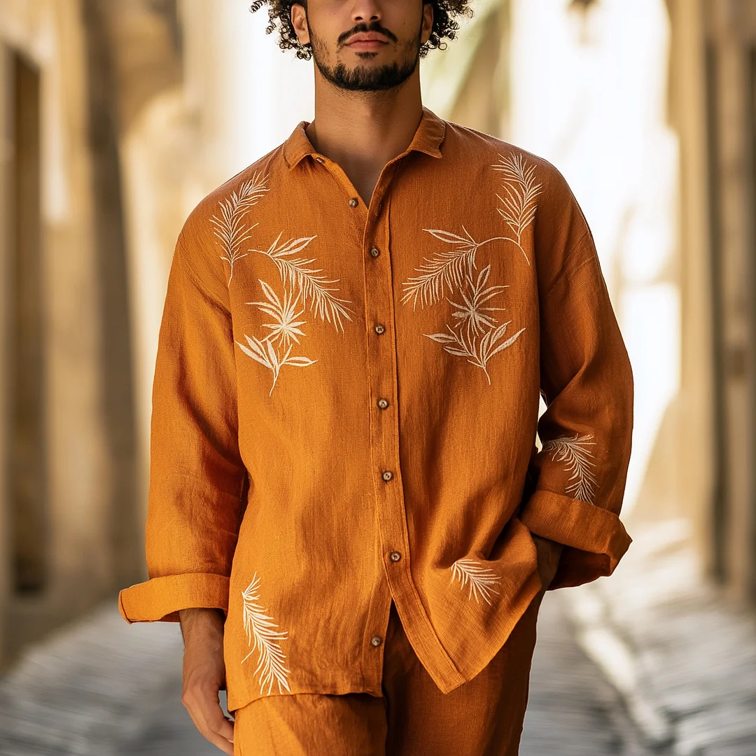 Rustic Orange Embroidered Shirt With Tropical Leaves Design-inspireuse