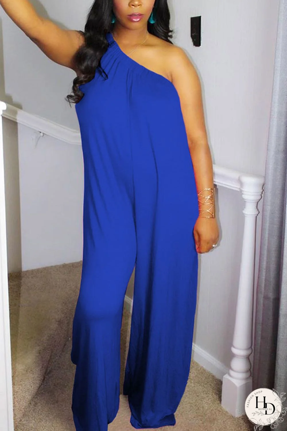 rose red Fashion Sexy Patchwork Solid Polyester Sleeveless one shoulder collar Jumpsuits