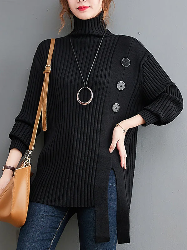 Urban Buttoned Split-Side Asymmetric Split-Joint High-Neck Sweater