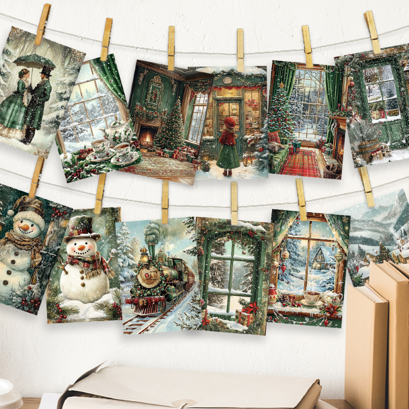 Tegooe 32PCS Vintage Christmas Postcards Set - Green Retro Holiday Collection