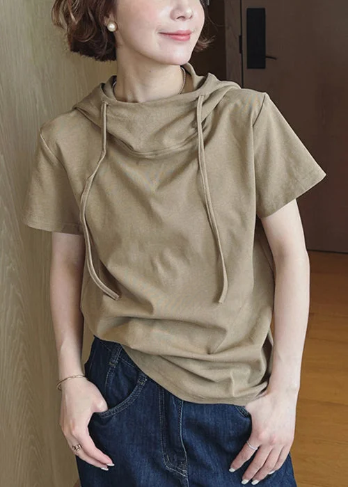 Loose Khaki Hooded Lace Up Patchwork Cotton T Shirt Summer
