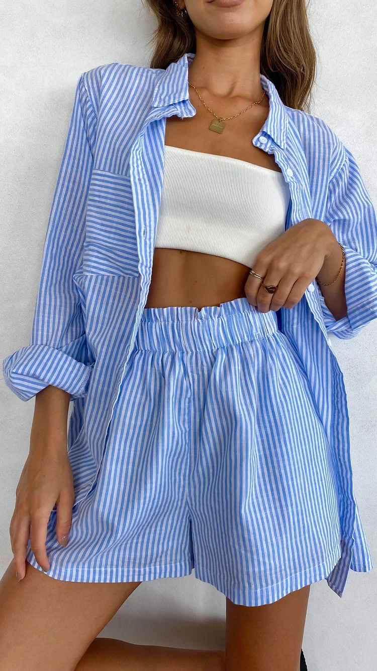 Relaxed Fit Button Up Shirt Set-Pink/Blue Stripe