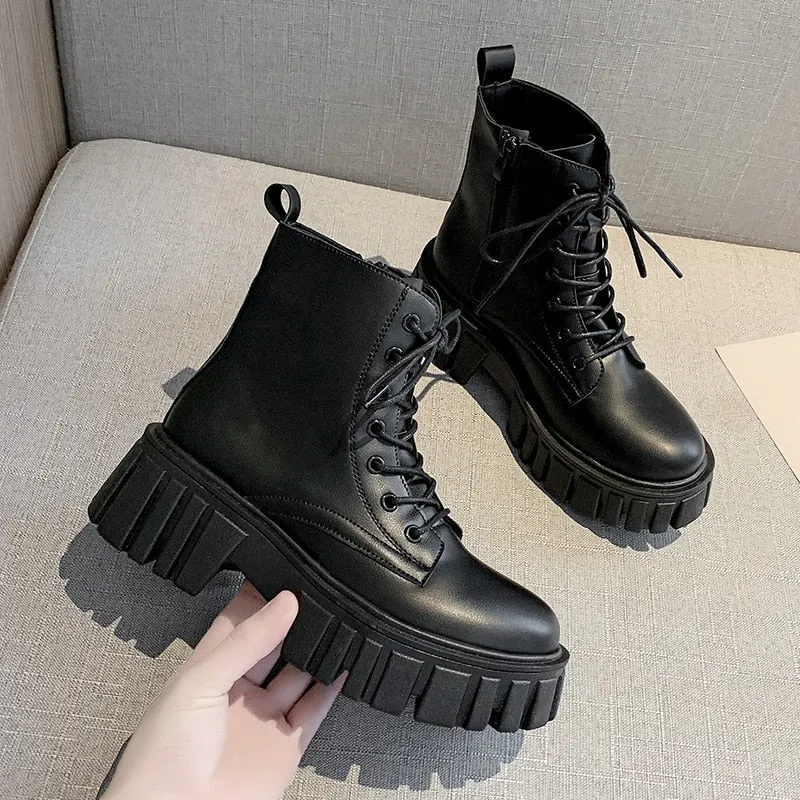 Punk Gothic Combat Boots Women Platform White Boots 2021 New Lace Up Black PU Leather Chunky Ankle Boots Female Designer