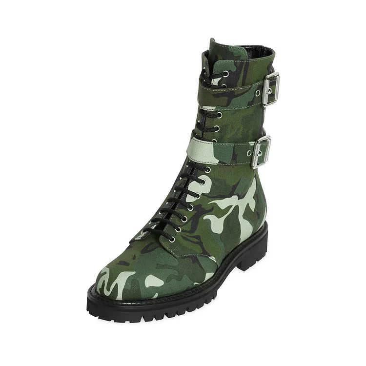 Green Camouflage Combat Boots Round Toe Buckle Lace Up Booties |FSJ Shoes