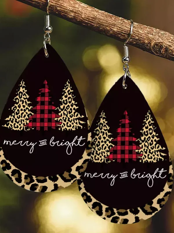 Merry Christmas Bright Plaid Leopard Earrings