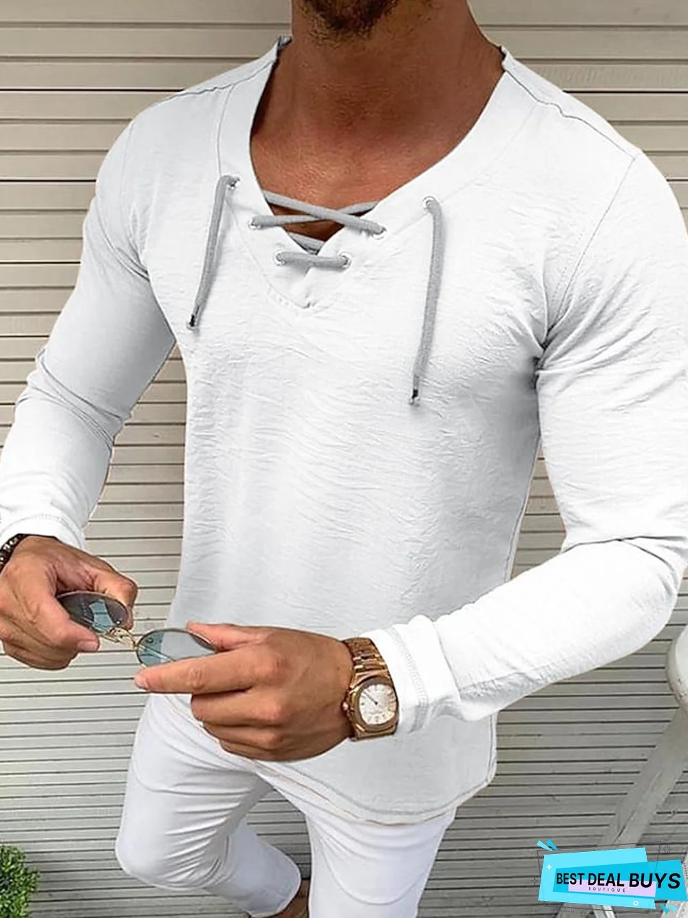 Men's Shirt Solid Colored Drawstring Long Sleeve Casual Tops Casual Fashion Breathable Comfortable White Black Khaki