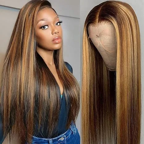 UNVIZOSSA 13x4 HD Glue Free Straight Front Lace HighlightHuman Hair Wig