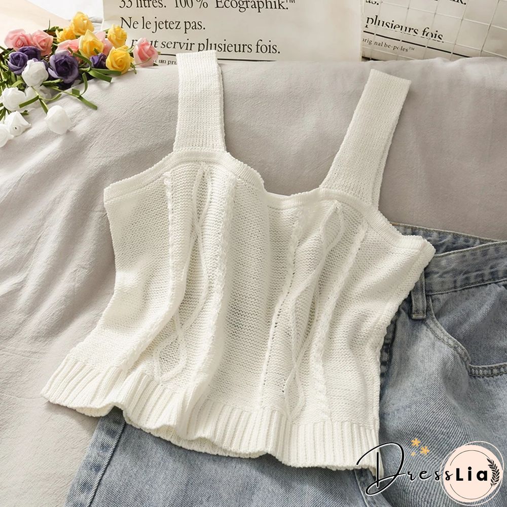 Women Knitted Crop Camis Top Ladies Floral Embroidery Knitted Short Vest Summer Sweater Vintage Tank Crop Camis Top