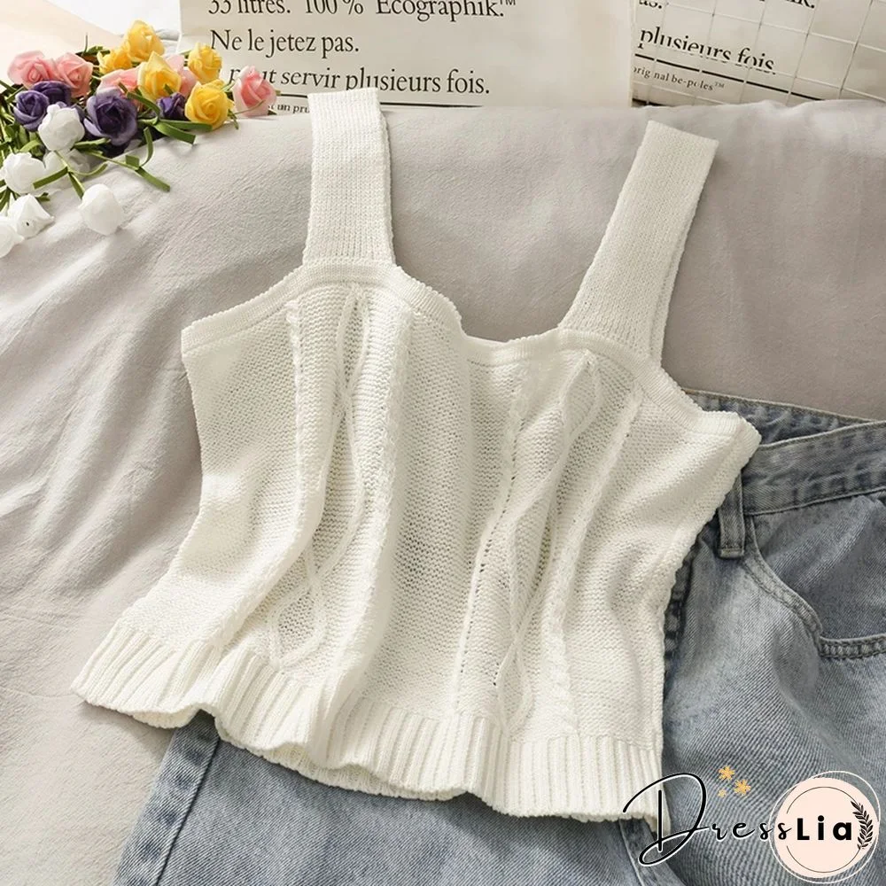 Women Knitted Crop Camis Top Ladies Floral Embroidery Knitted Short Vest Summer Sweater Vintage Tank Crop Camis Top