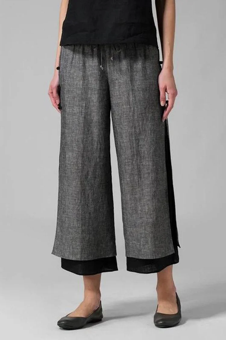 Plus Size Casual Dark Grey Cotton Linen Retro Patchwork Layered Cropped Pants  Flycurvy [product_label]