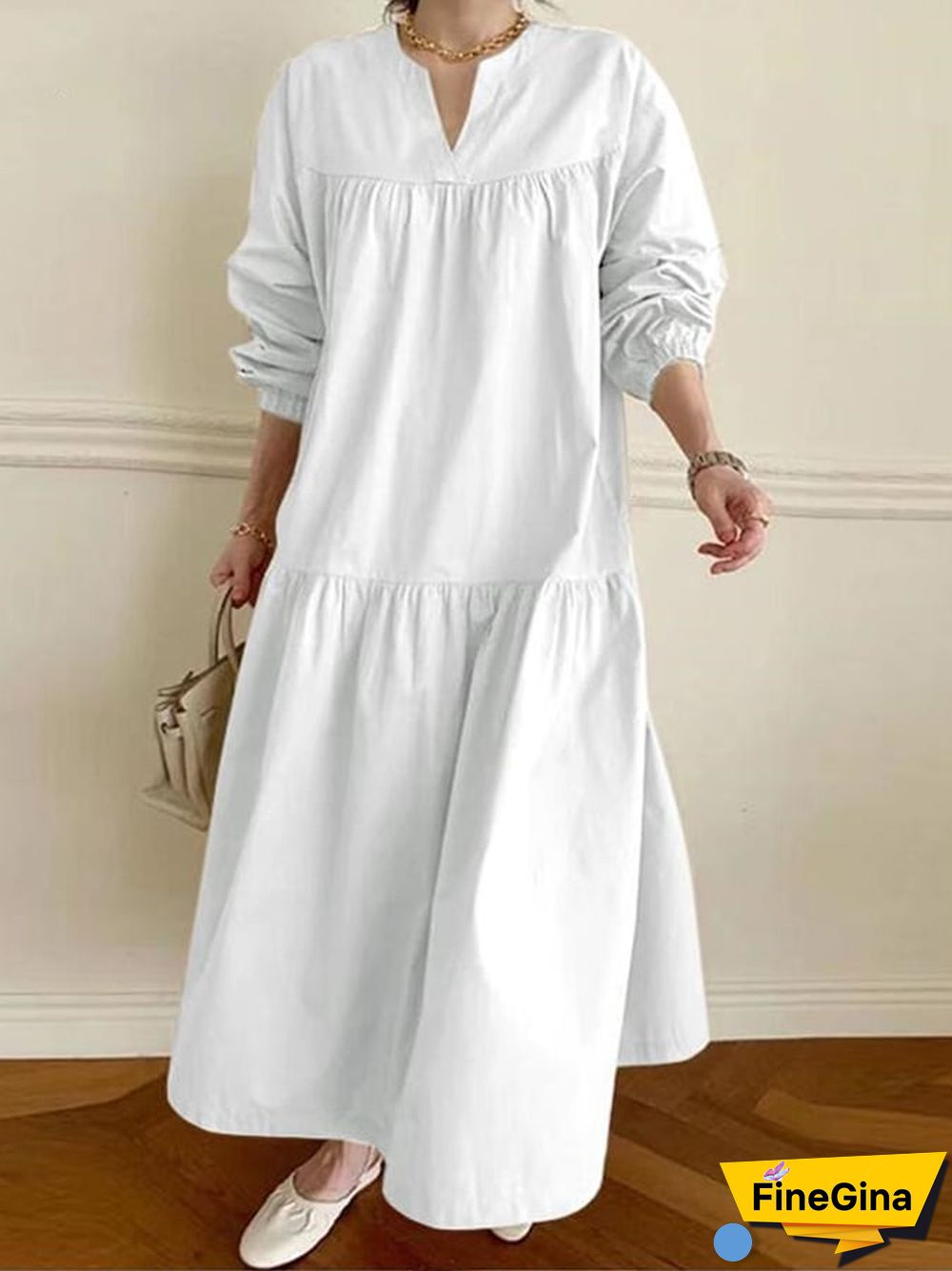 V-neck Loose Fitting Solid Color Dress