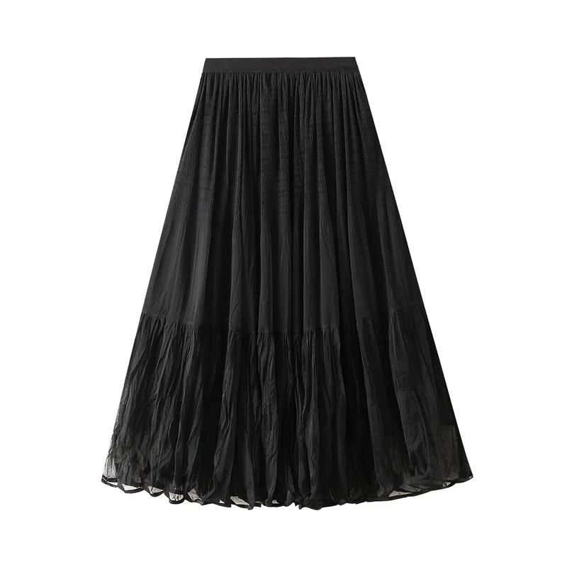 Nigikala Nigikala Retro Folded Fairy Net Yarn Half-Dress Skirt Dress Autumn 2025 High-Rise Slim Long Skirt 8957