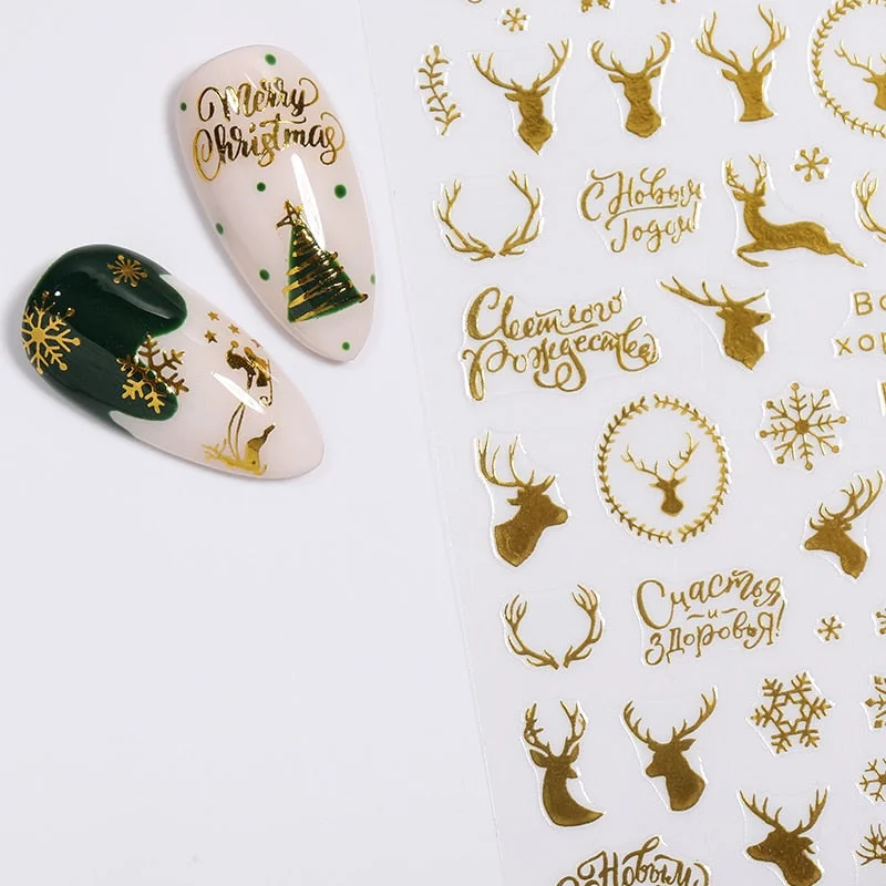 Gold Bronzing 3D Christmas Nail Art Decoration Sticker Sparkly White Colorful Glitter Geometry Snowflake Winter Slider Foil