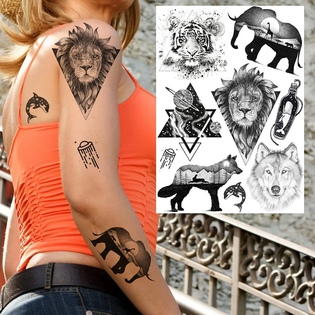 Realistic Fake Black Animal Temporary Tattoos Sticker For Men Women Geometric Wolf Outer Space Tatoo Temporary Decal For Kids