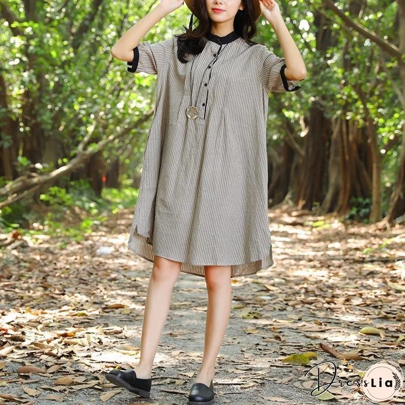 Women Stand Collar Buttons Stripe Pockets 1/2 Sleeve Dress