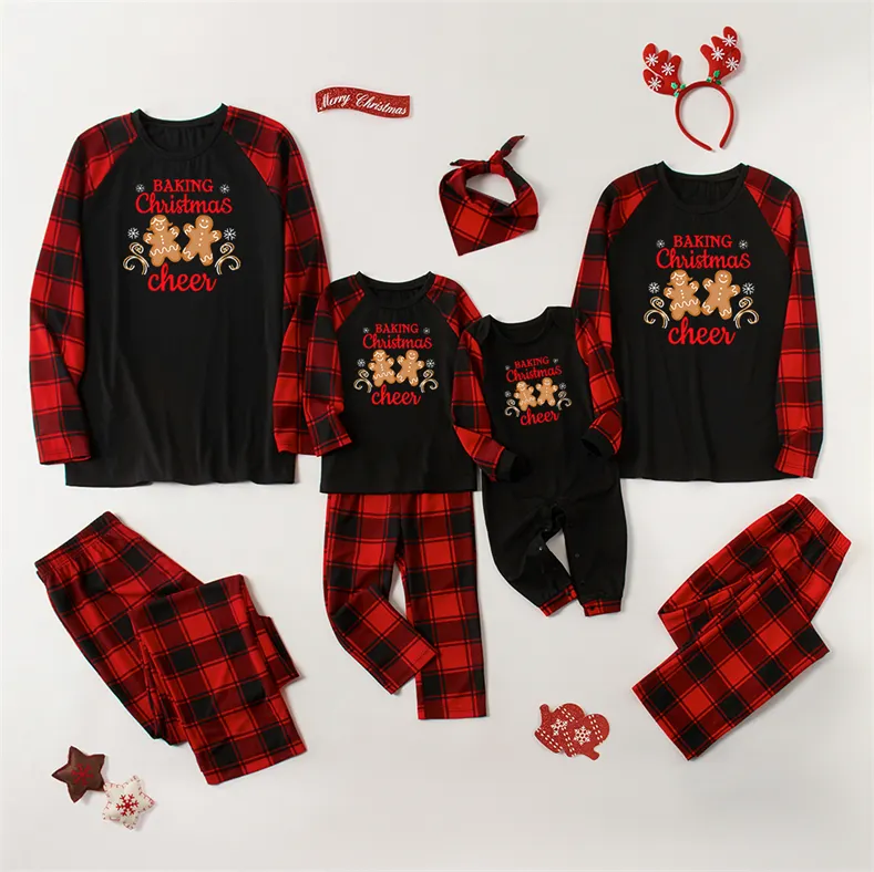 Family Matching Letter And Cute Gingerbread Man Print Christmas Pajamas Sets (with Pet Dog Clothes)