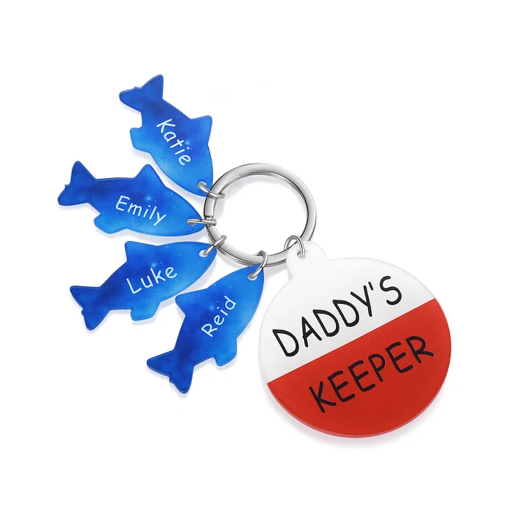 Personalized 4 Names & 1 Text Fishes Keychain Engraved Kids Names Acrylic Keychain Gifts for Grandpa/Daddy