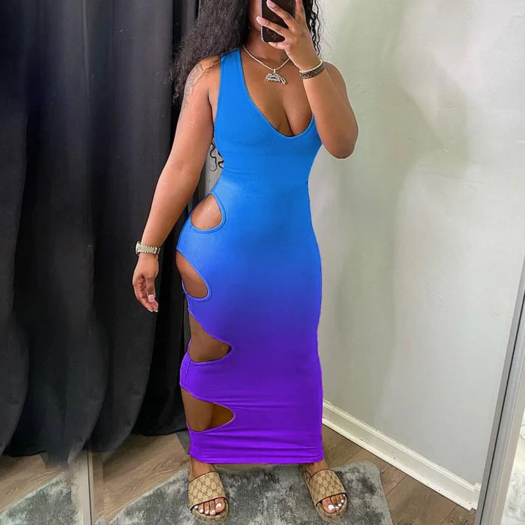 Gradient Color Deep V-neck Hollow Out Maxi Dress - IRBOOM Fashion Clothing