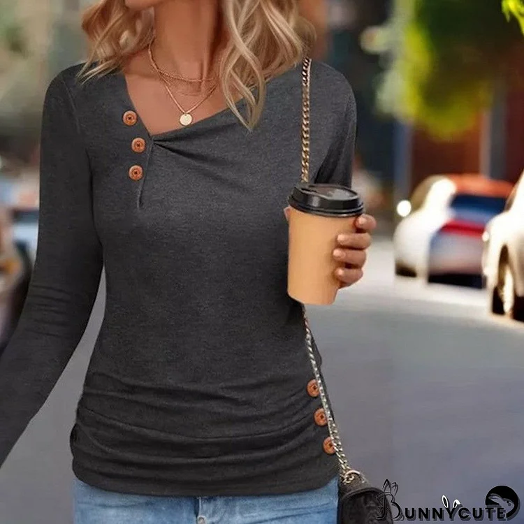 Modern Grey Plain Long Sleeve V-Neck Top