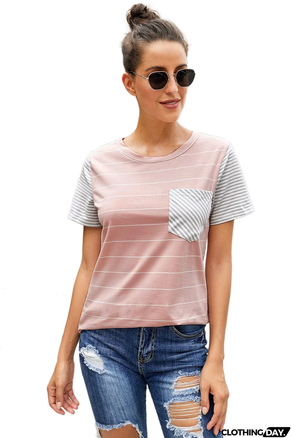 Women's Pink Striped Short Sleeve Contrast Color T-Shirt with Pocket