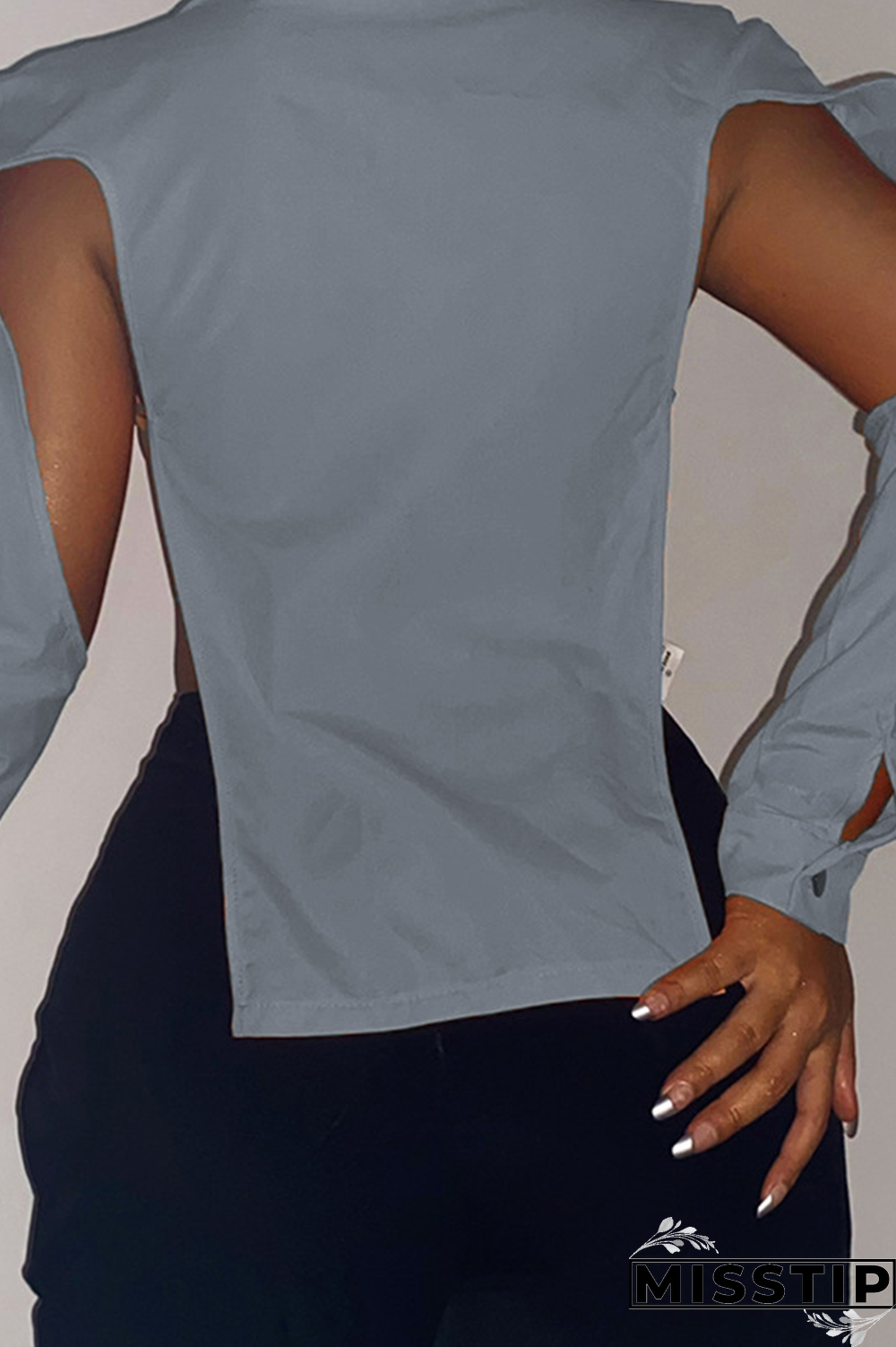 Grey Sexy Solid Hollowed Out Turndown Collar Tops