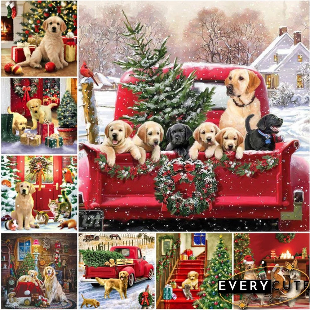 DIY 5D Christmas Dog Diamond Painting Full Drill with Number Kits Home and Kitchen Fashion Crystal Rhinestone Cross Stitch Embroidery Paintings Canvas Pictures Wall Decoration Gifts Arts and Crafts for Adults and Kids