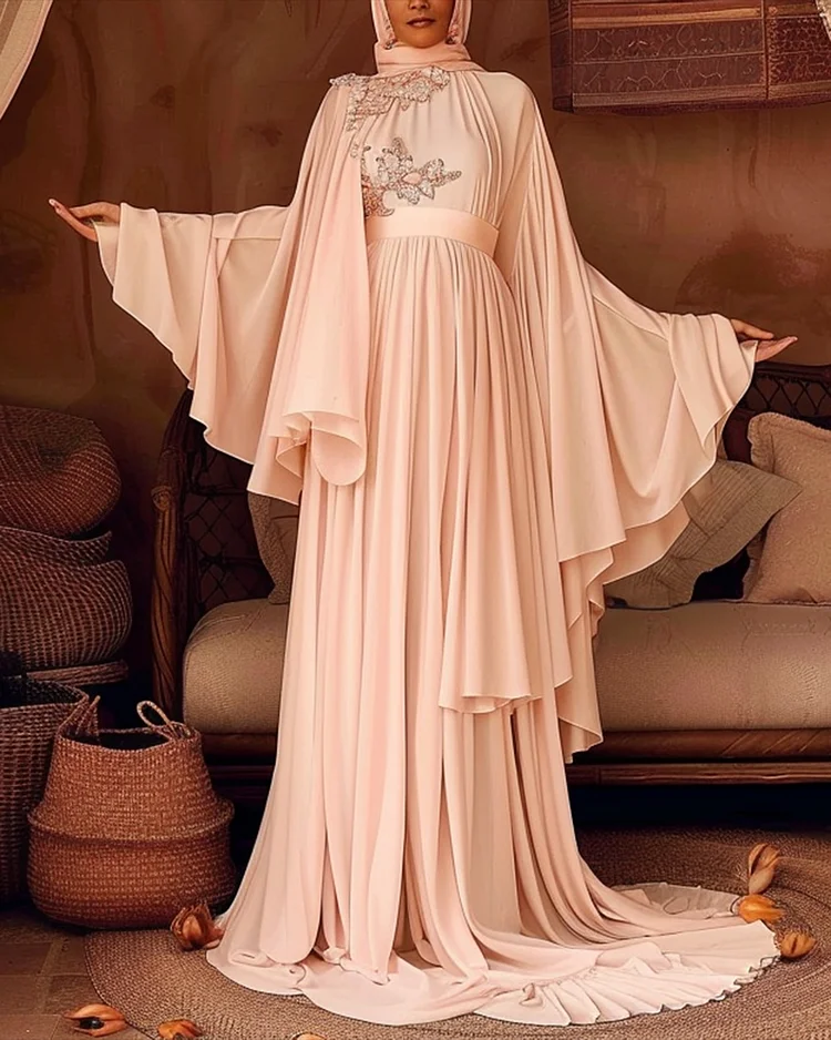 Women's Solid Color Bell Sleeve Embroidery Dress