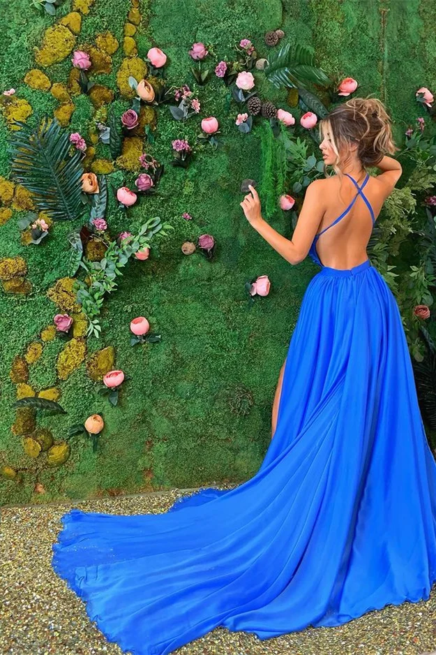 Royal blue hotsell backless prom dress