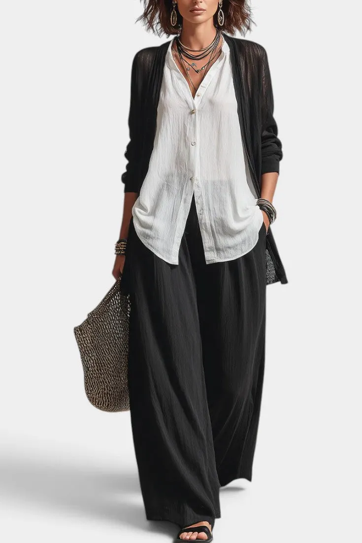 Layered Sheer Cardigan with Wide-Leg Trousers Set