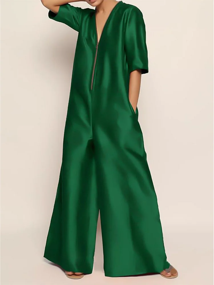 Casual Plain V-Neck Half Sleeve Loose Wide Leg Jumpsuit