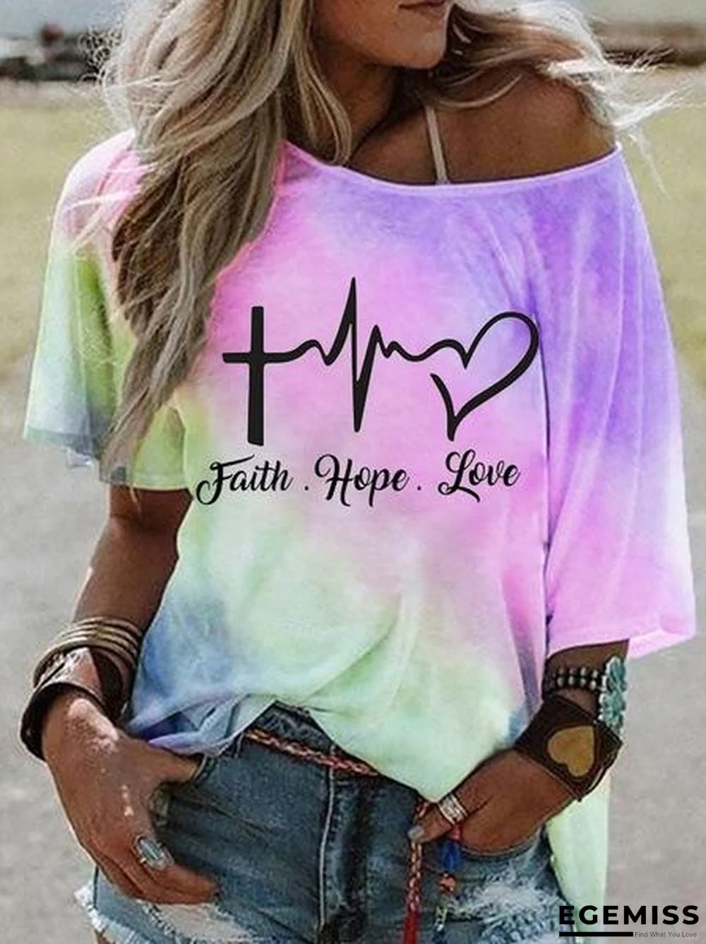 Hot-selling Stylish Tie-dye Gradient Print Short-sleeved Stiletto Off-the-shoulder Top T-shirt | EGEMISS