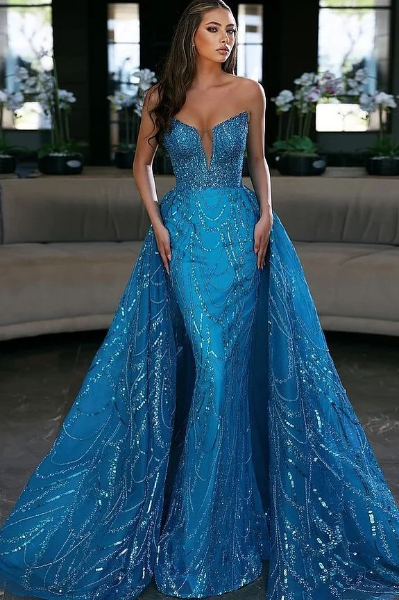 Daisda Sleeveless Strapless Deep V-Neck Beadings Mermaid Prom Dress
