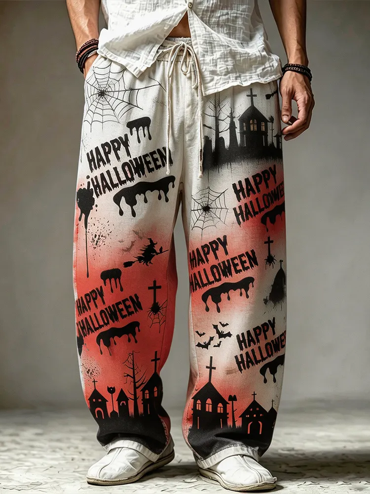 Men's Retro Washed Halloween Ghost Castle Bat Spider Web Print Pants