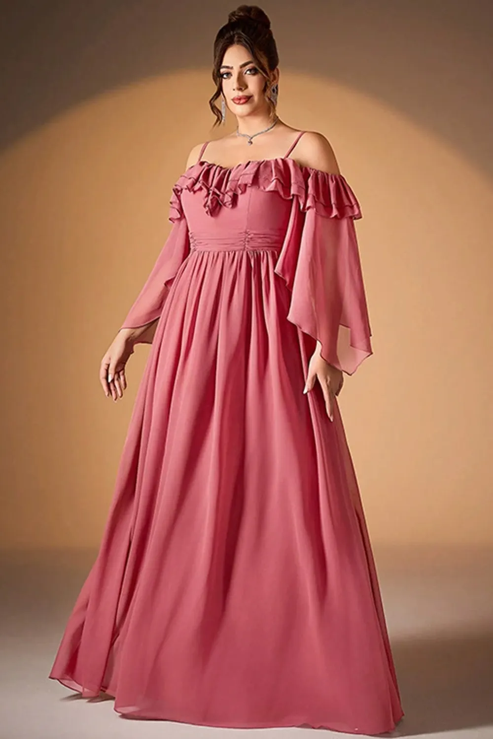 Plus Size Wedding Guest Dusty Rose Cold Shoulder Ruffle Sleeve Maxi Dress-  Flycurvy