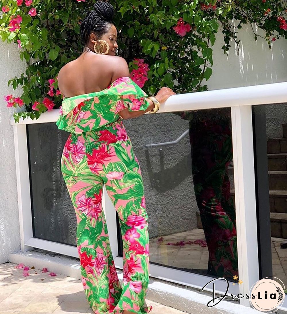 Sexy Off Shoulder Ruffles Floral Printed Wide-legs Jumpsuit