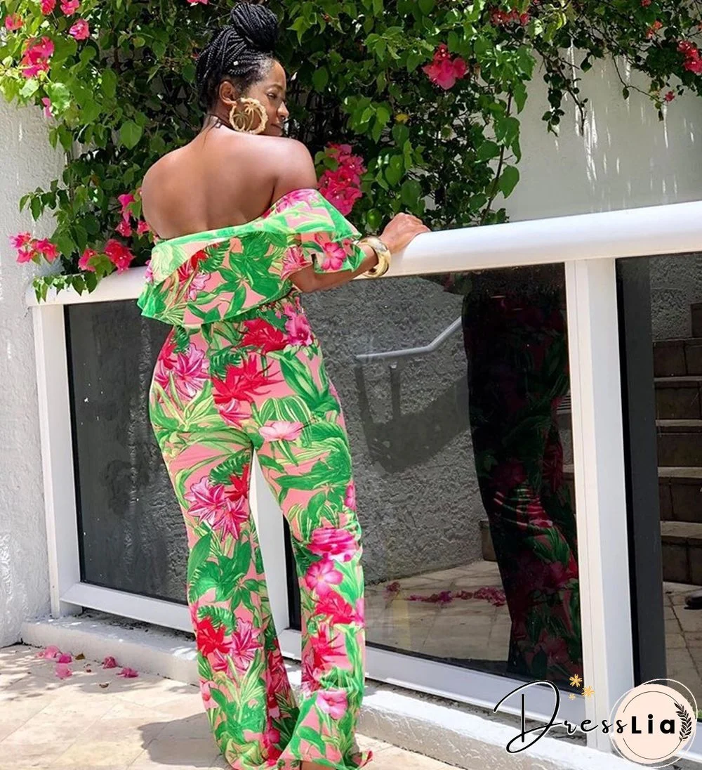 Sexy Off Shoulder Ruffles Floral Printed Wide-legs Jumpsuit