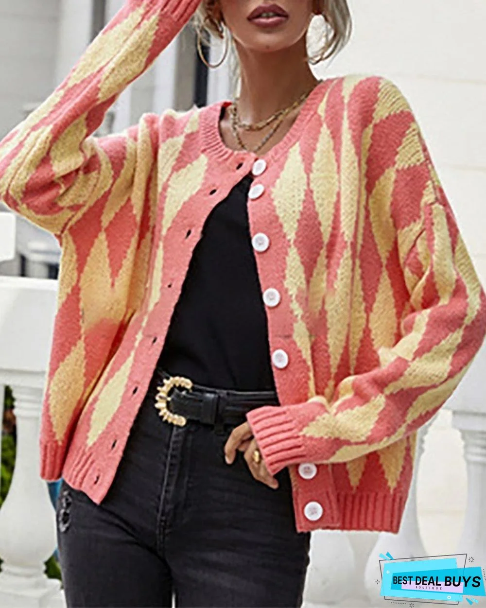 Argyle Print Color Block Buttoned Long Sleeve Cardigan