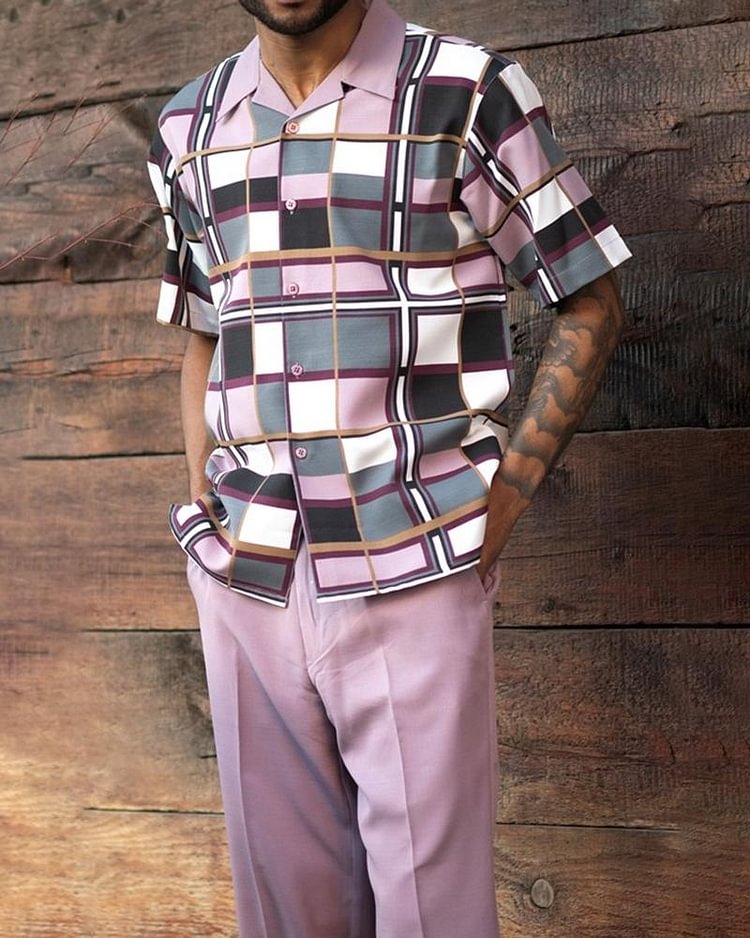Two Piece Short Sleeve Print Walking Suit Set With Long Pants