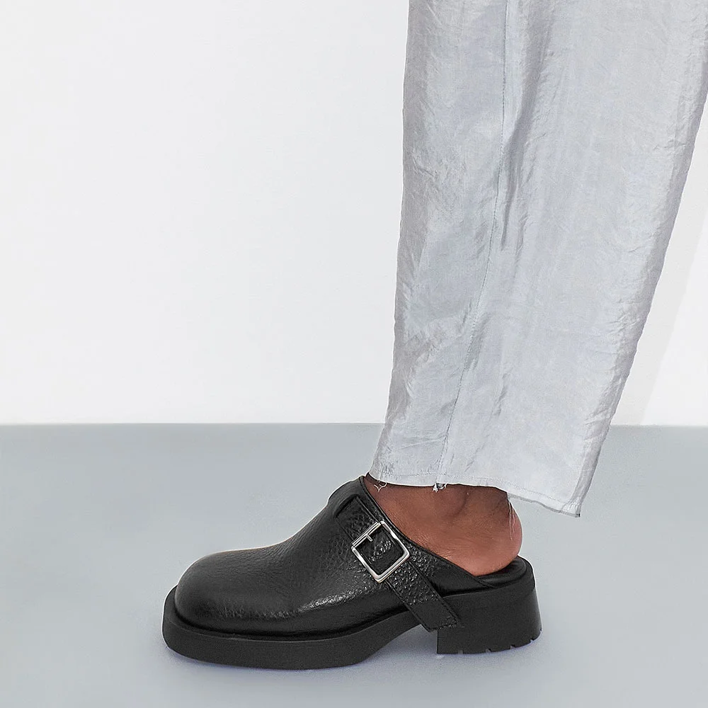 Black Closed Toe Block Heel Buckled Slip On Mule Shoes for Women