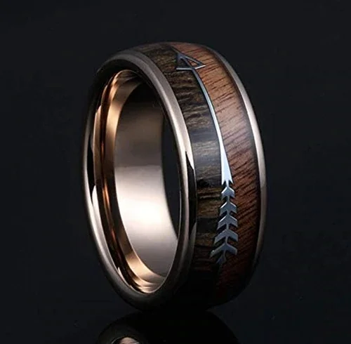 6MM 8MM Women's Or Men's Domed Tungsten Carbide Wedding Matching Rings Rose Gold Cupid's Arrow Over Wood Inlay With High Polish Dark Wood Inlay