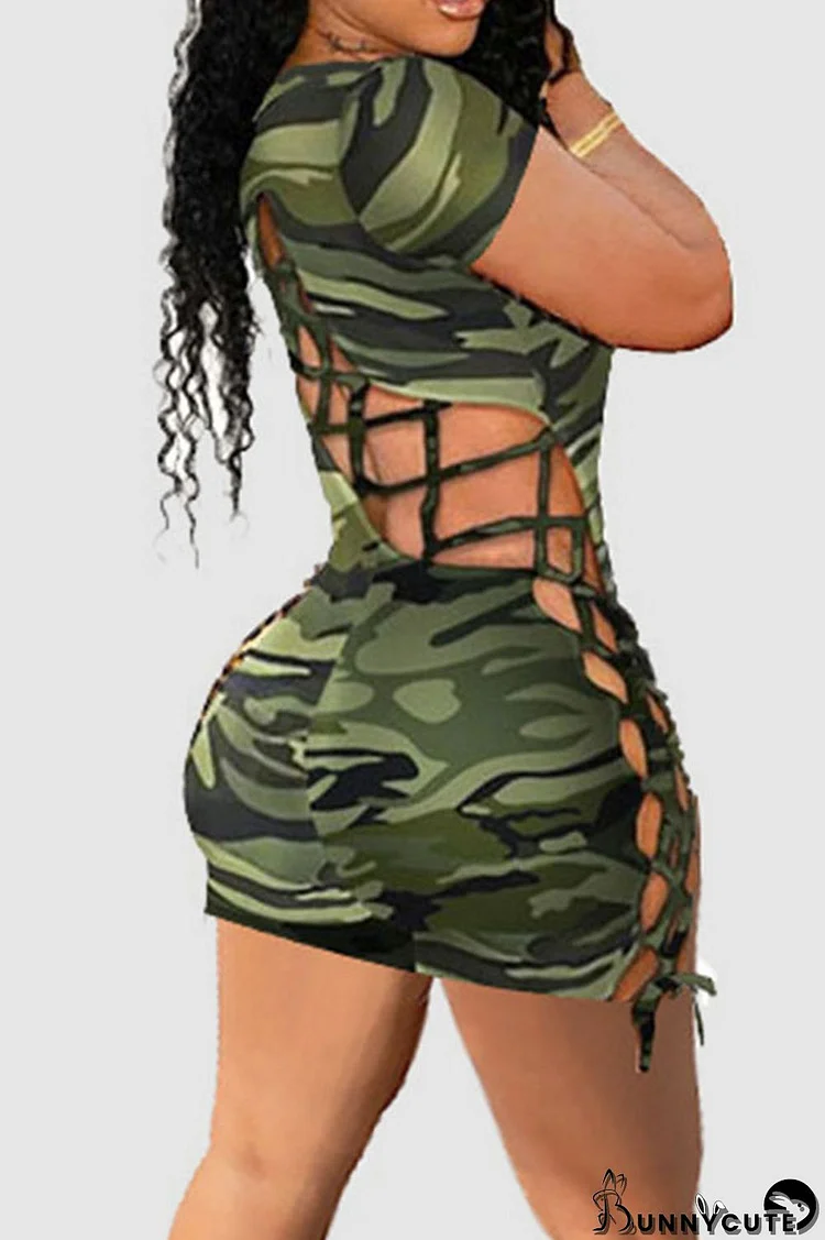 Green Sexy Print Hollowed Out Split Joint Backless O Neck Regular Jumpsuits