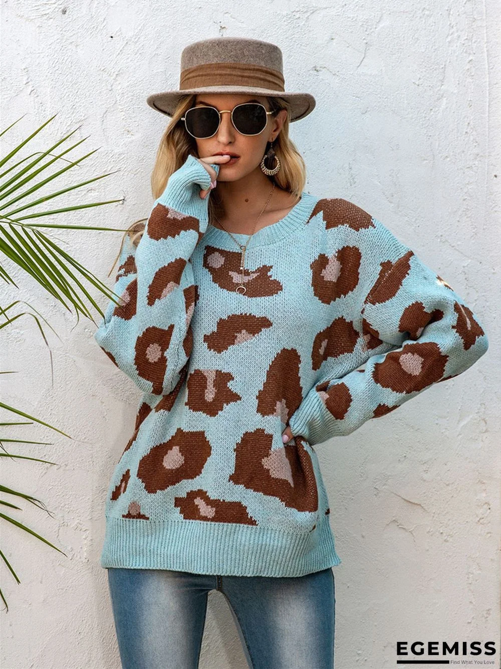 Leopard Round Neck Loose Knit Pullover Sweater | EGEMISS
