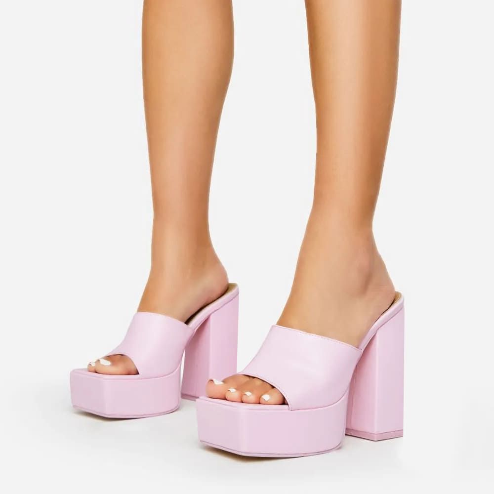 Cute Pink Open Square Toe Platform Mules with Chunky Heel Nicepairs