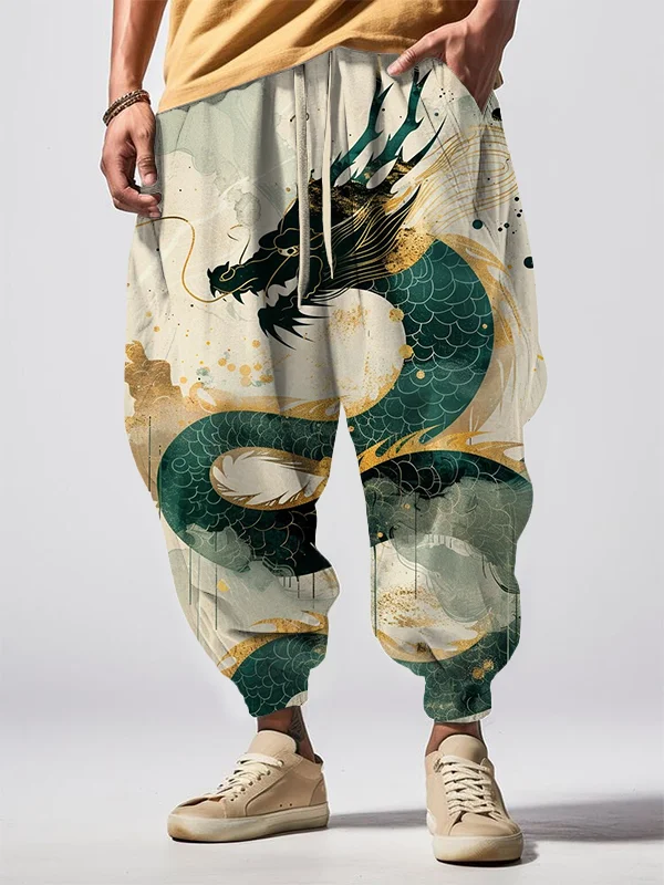 Men's Dragon Mythical Creature Art Print Loose Drawstring Waist Sweatpants