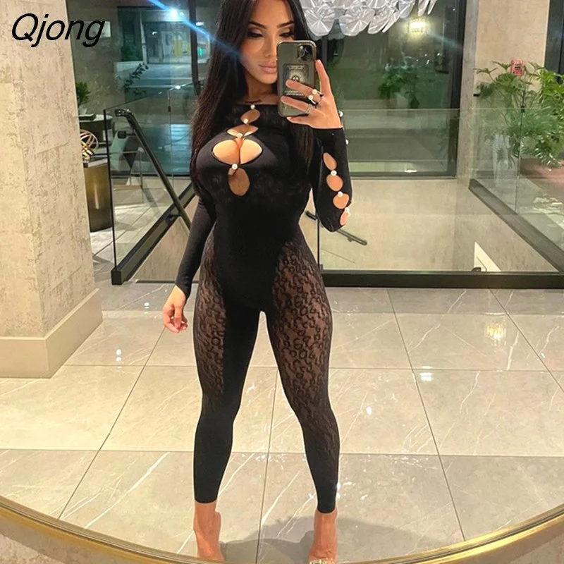 Qjong Simenual Sexy Mesh Jacquard Woman Jumpsuits Fashion Hollow Out Long Sleeve Skinny Solid Overalls Fall Streetwear Casual Outfits