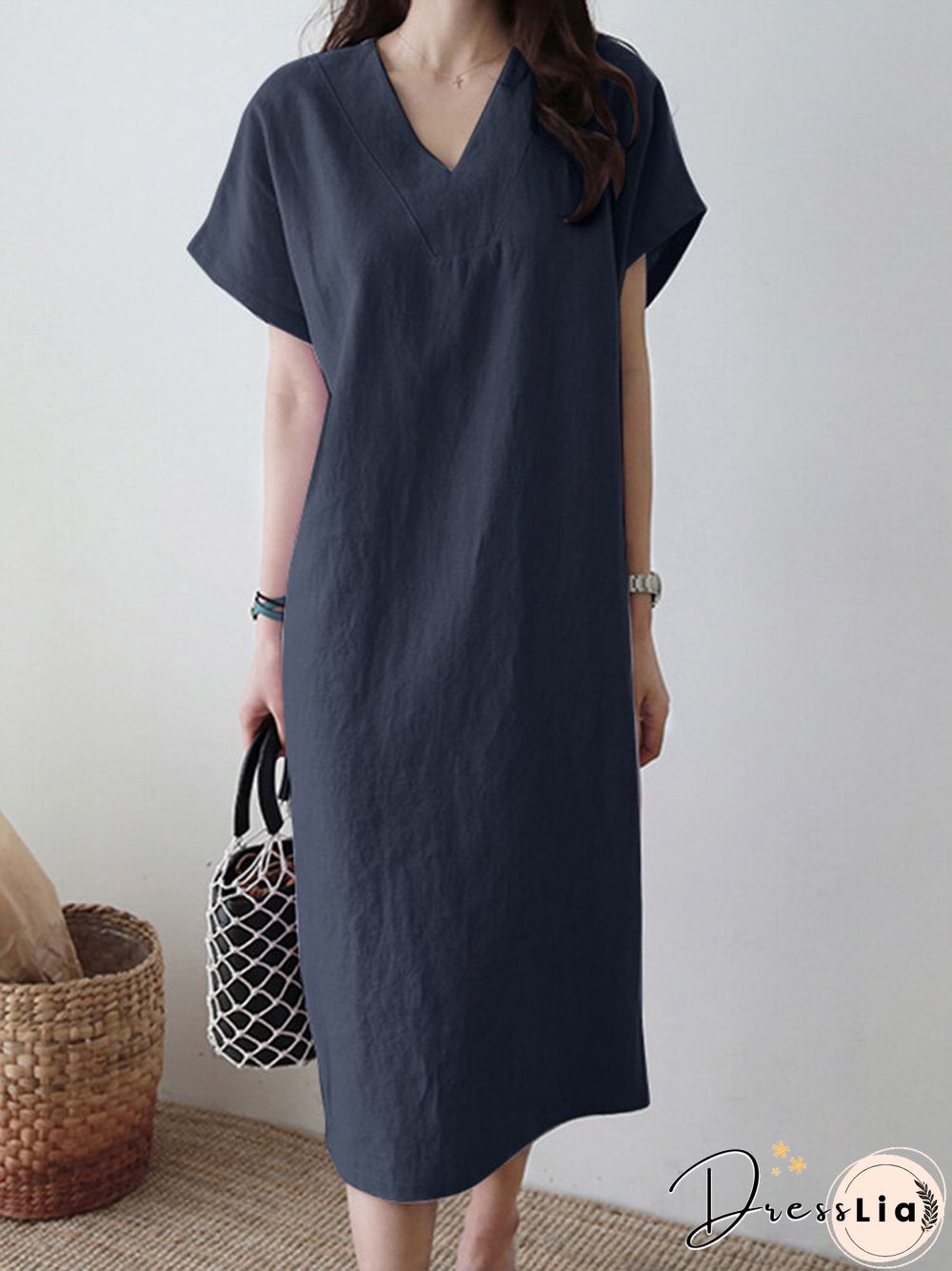 Solid V-neck Short Sleeve Dress For Women